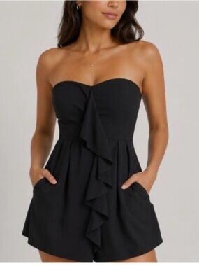 Express Strapless Black Ruffle Romper
